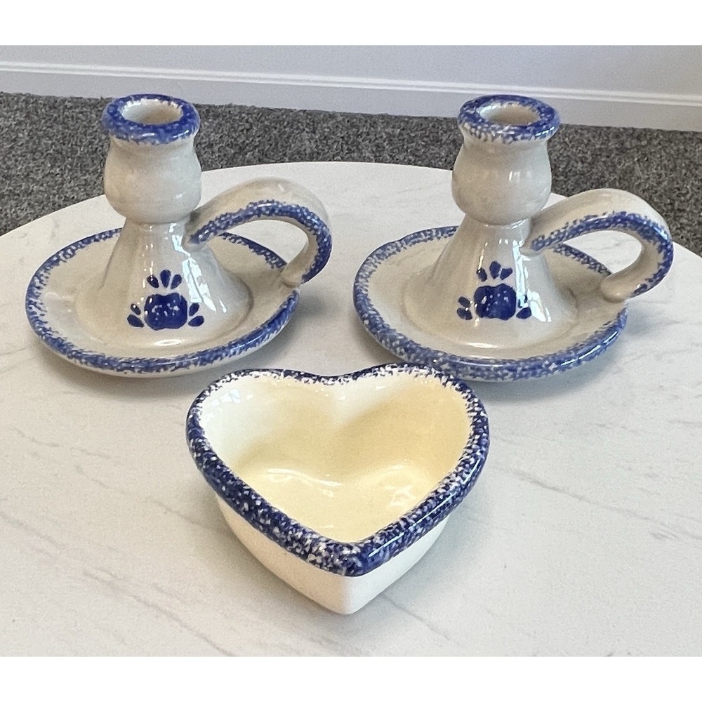 Cottage Core Home Decor Blue Spongeware Pottery Candle Holders Heart Dish Granny